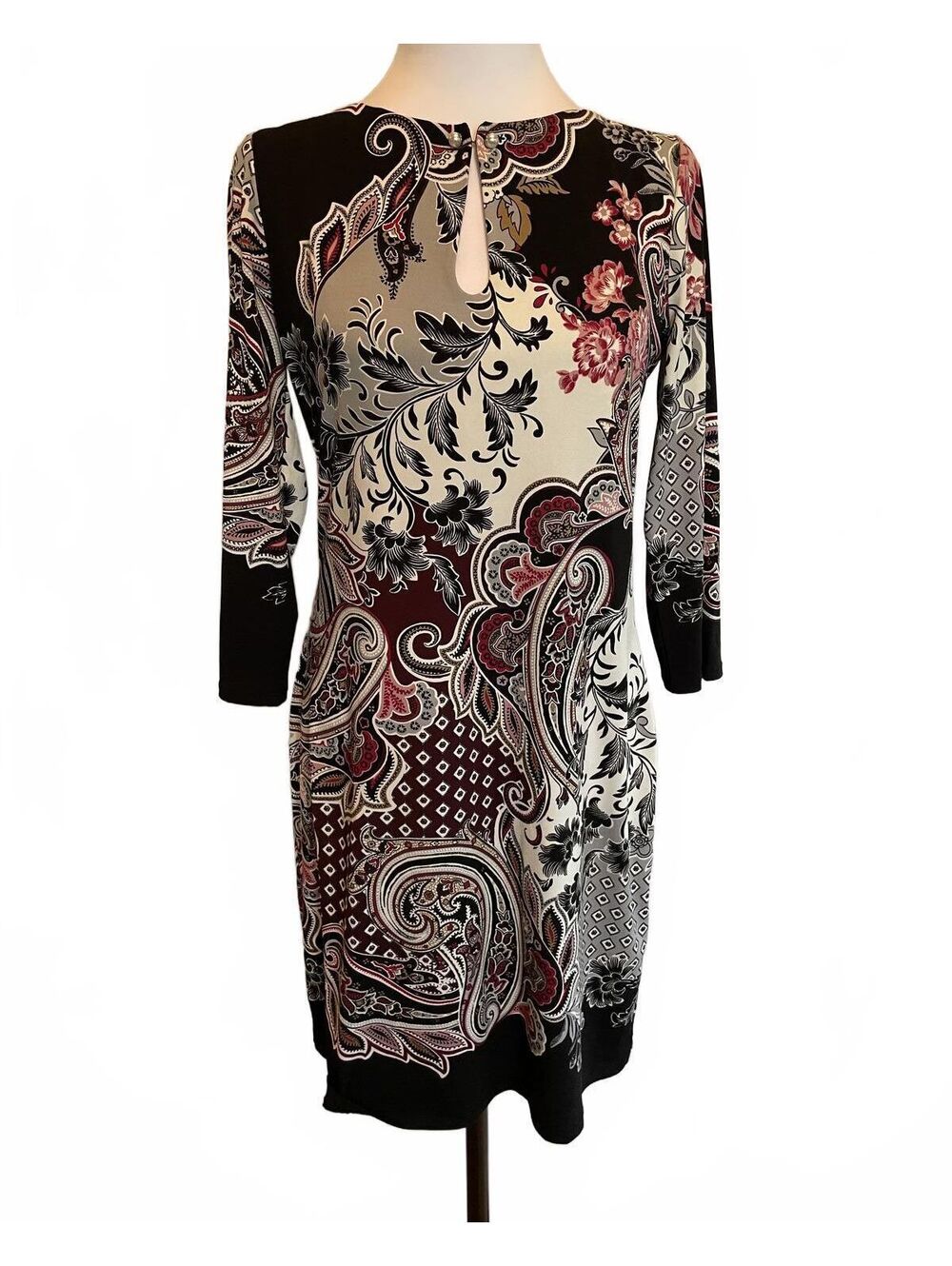 WHBM Paisley Floral Sheath Dress Size Small Keyhole Long Sleeve Stretch